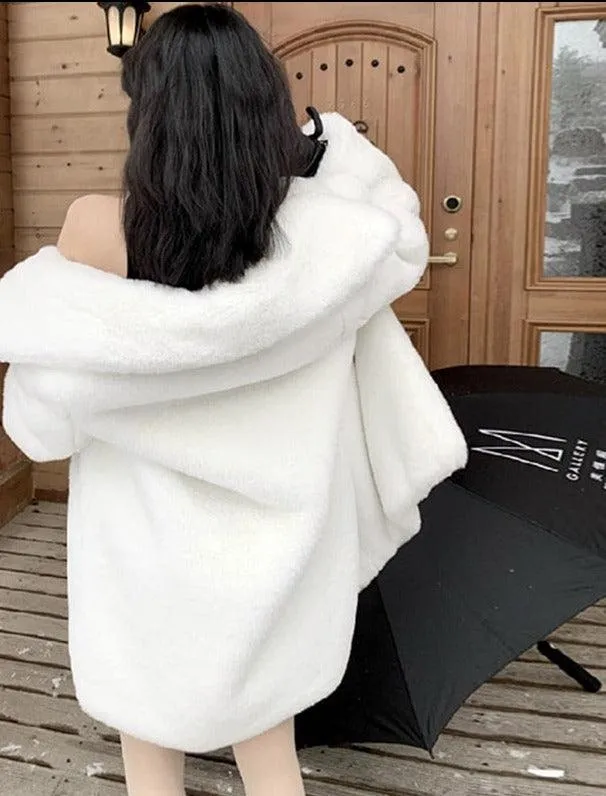 Winter Warm White Faux Fur Coat Women Double Lapel