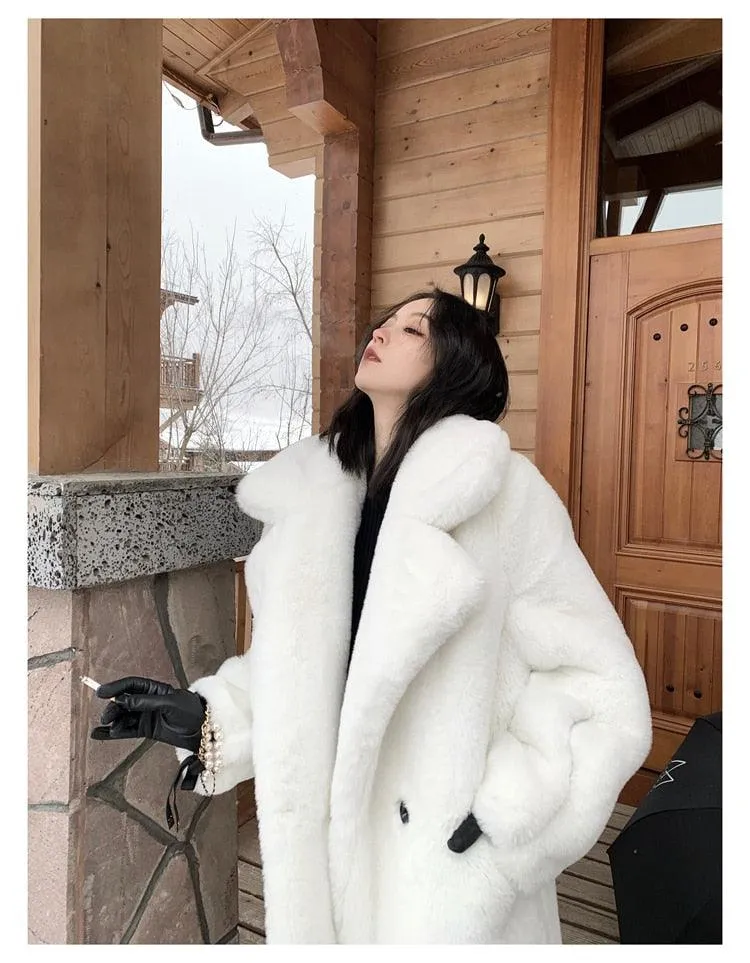Winter Warm White Faux Fur Coat Women Double Lapel