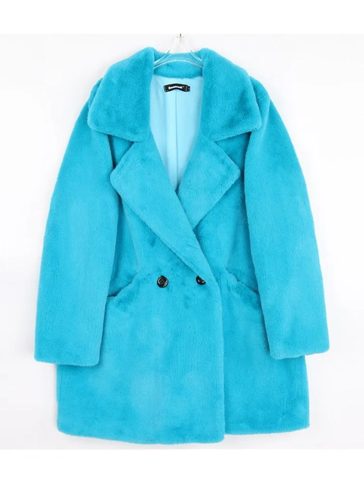 Winter Warm White Faux Fur Coat Women Double Lapel