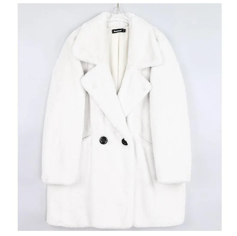 Winter Warm White Faux Fur Coat Women Double Lapel
