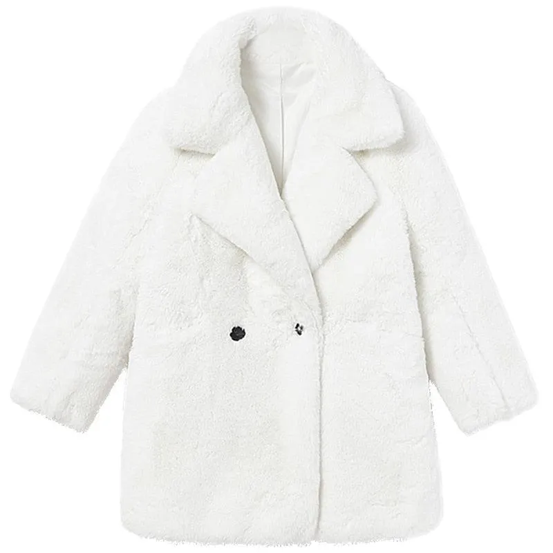 Winter Warm White Faux Fur Coat Women Double Lapel