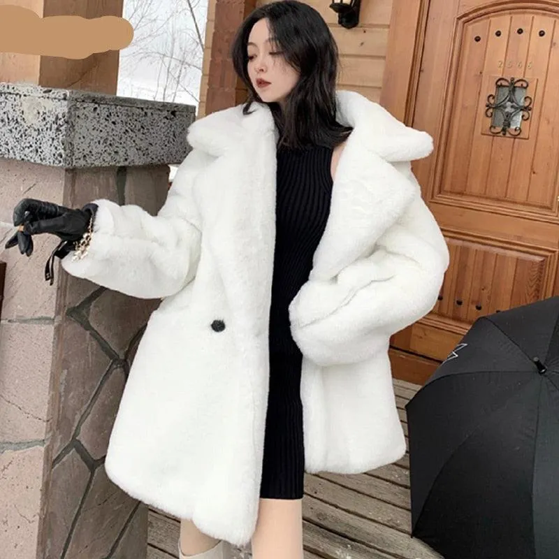 Winter Warm White Faux Fur Coat Women Double Lapel