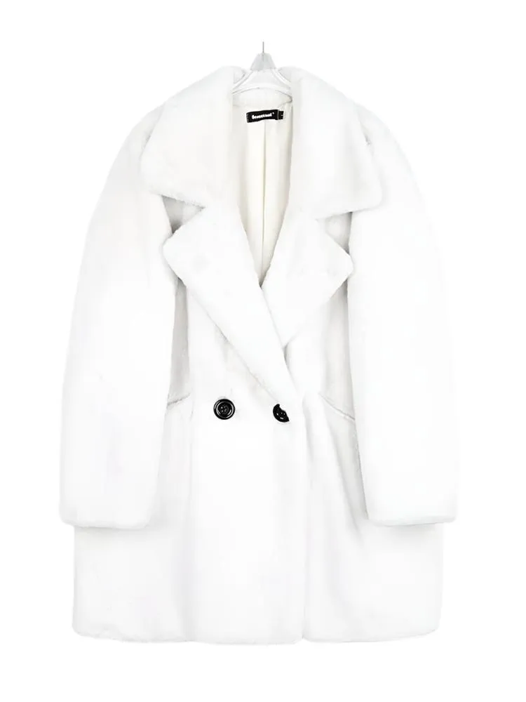 Winter Warm White Faux Fur Coat Women Double Lapel