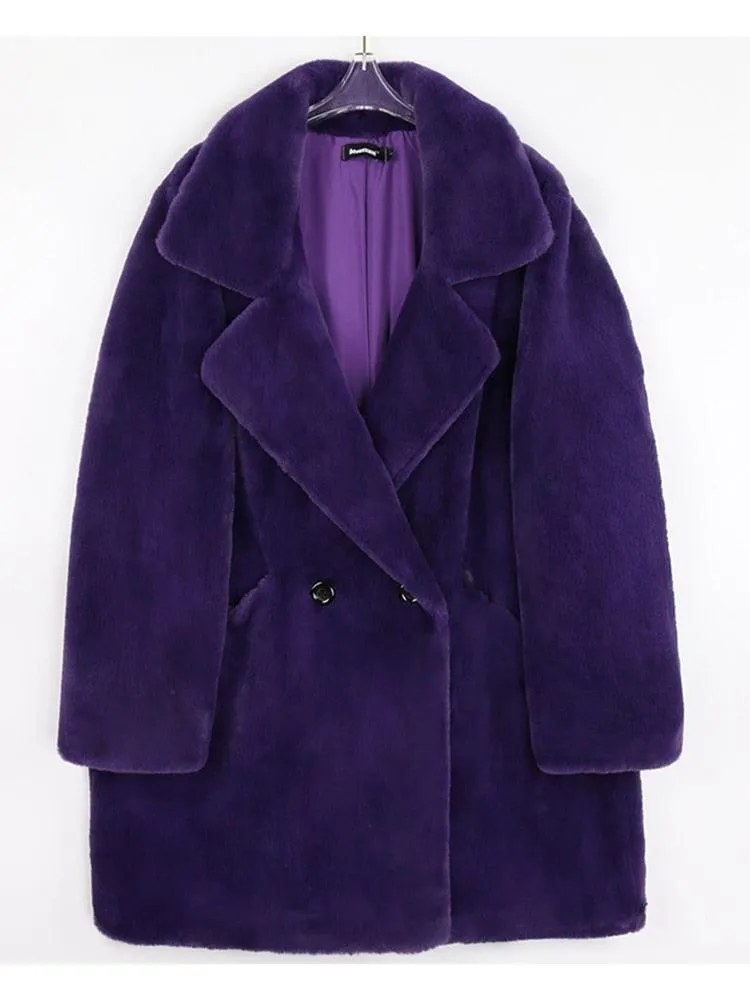 Winter Warm White Faux Fur Coat Women Double Lapel