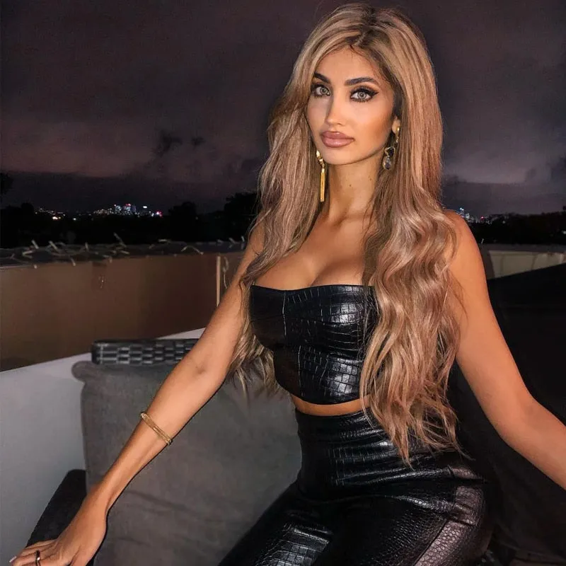 women ladies two piece leather crop top and leather pants set