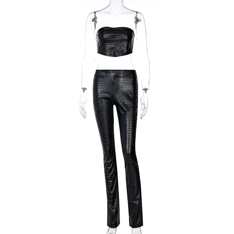 women ladies two piece leather crop top and leather pants set