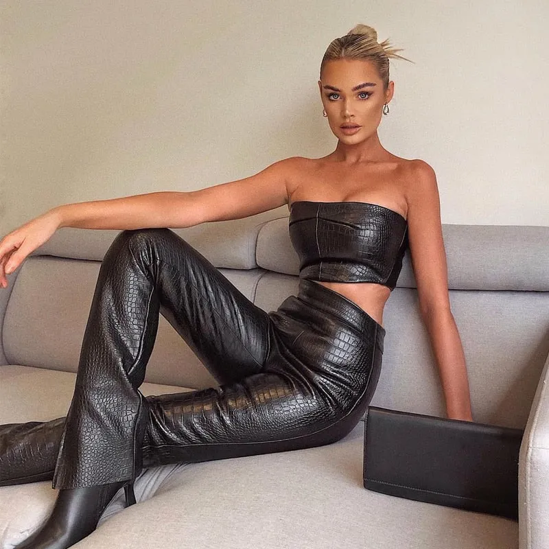 women ladies two piece leather crop top and leather pants set