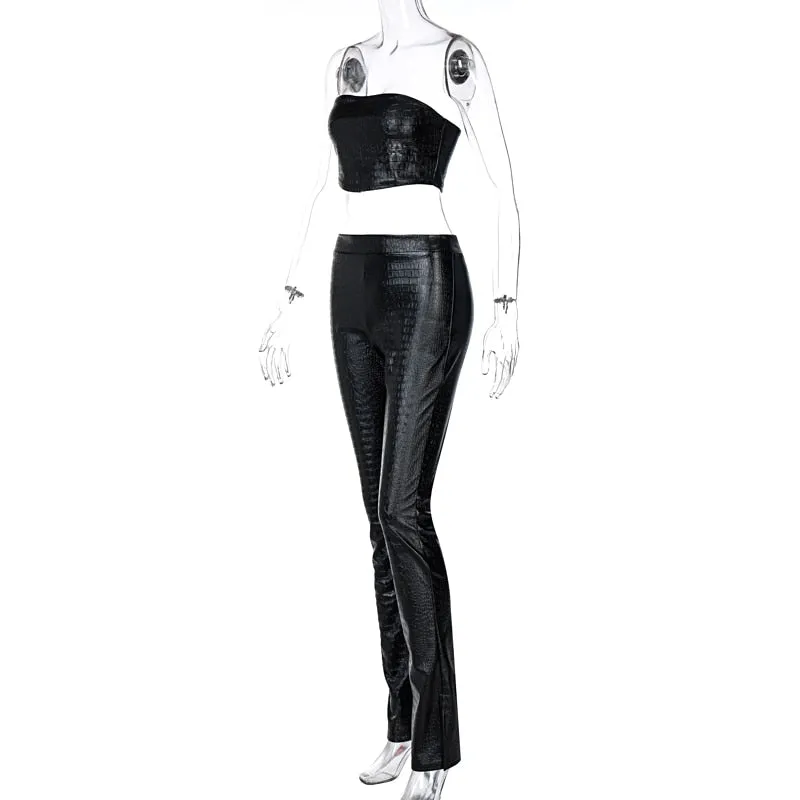 women ladies two piece leather crop top and leather pants set