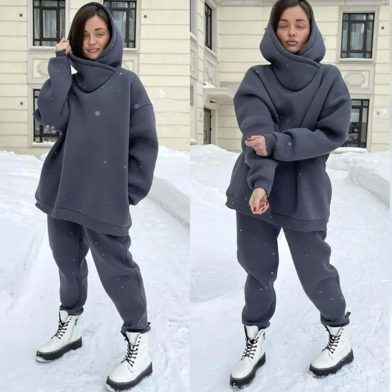 Women Tracksuit Autumn Winter Warm Fleece Hooded Two Piece Set*