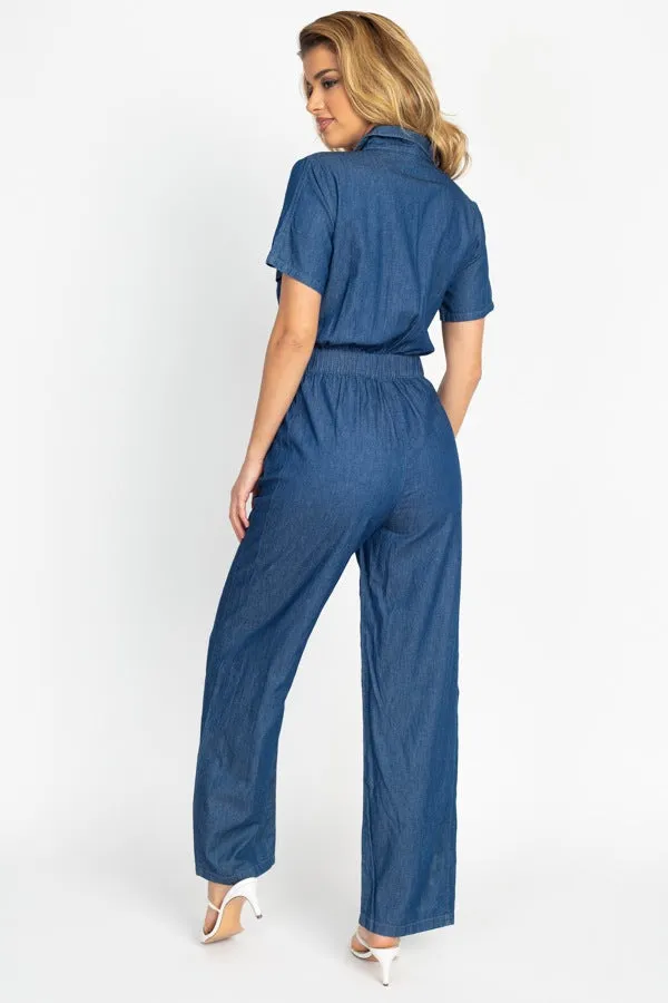 Women's Button Front Short Sleeve Elasticized Waist Denim Jumpsuit Romper