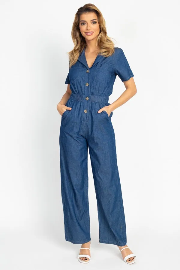 Women's Button Front Short Sleeve Elasticized Waist Denim Jumpsuit Romper