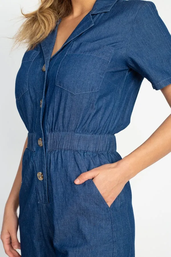 Women's Button Front Short Sleeve Elasticized Waist Denim Jumpsuit Romper