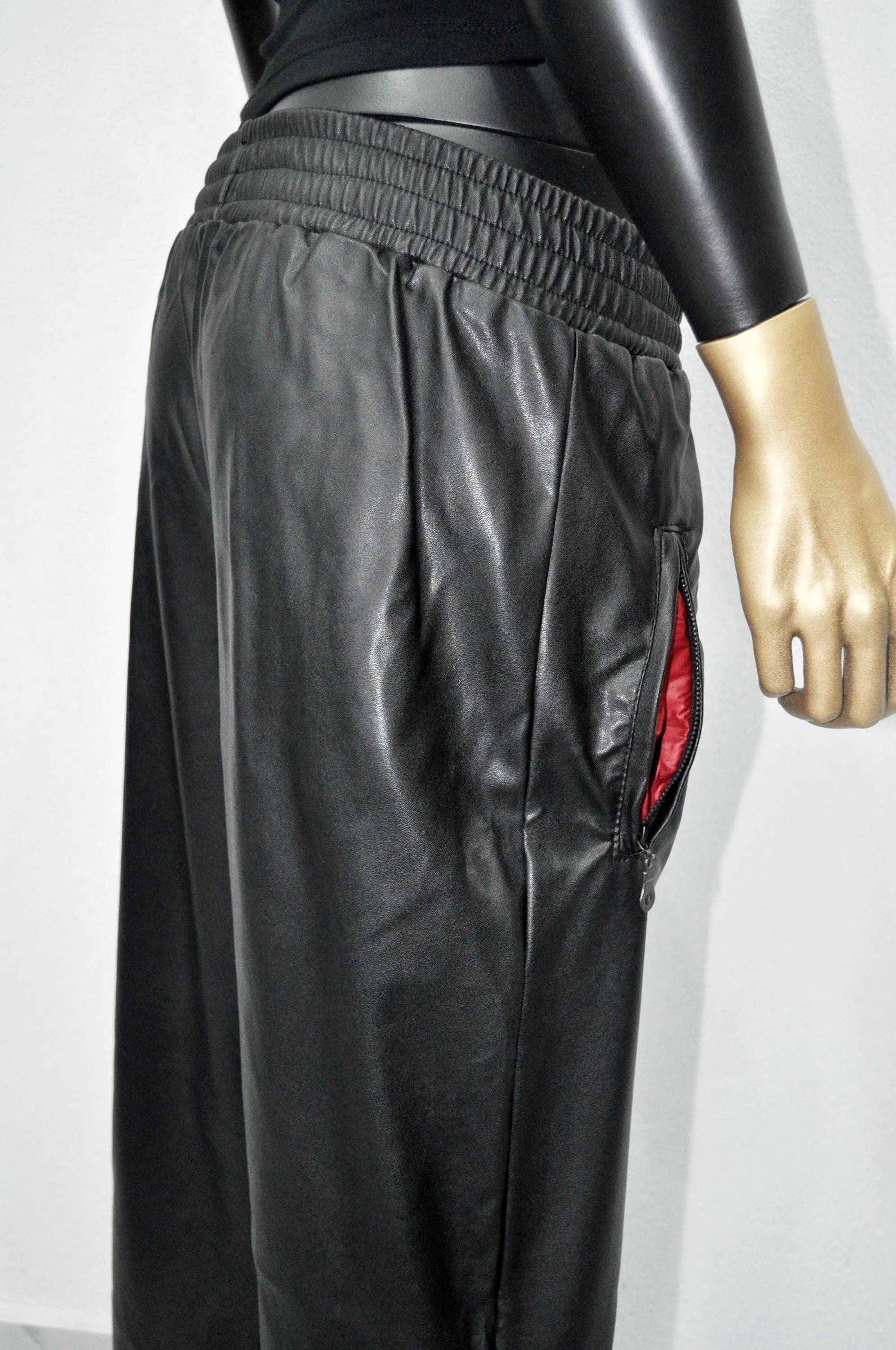 XS - 8XL Unisex Double High Waisted Elastic Leg Faux Leather Baggy Pants , Hip Hop, Drawstring Jogger Harem Relaxed Casual ,Streetwear-BB344