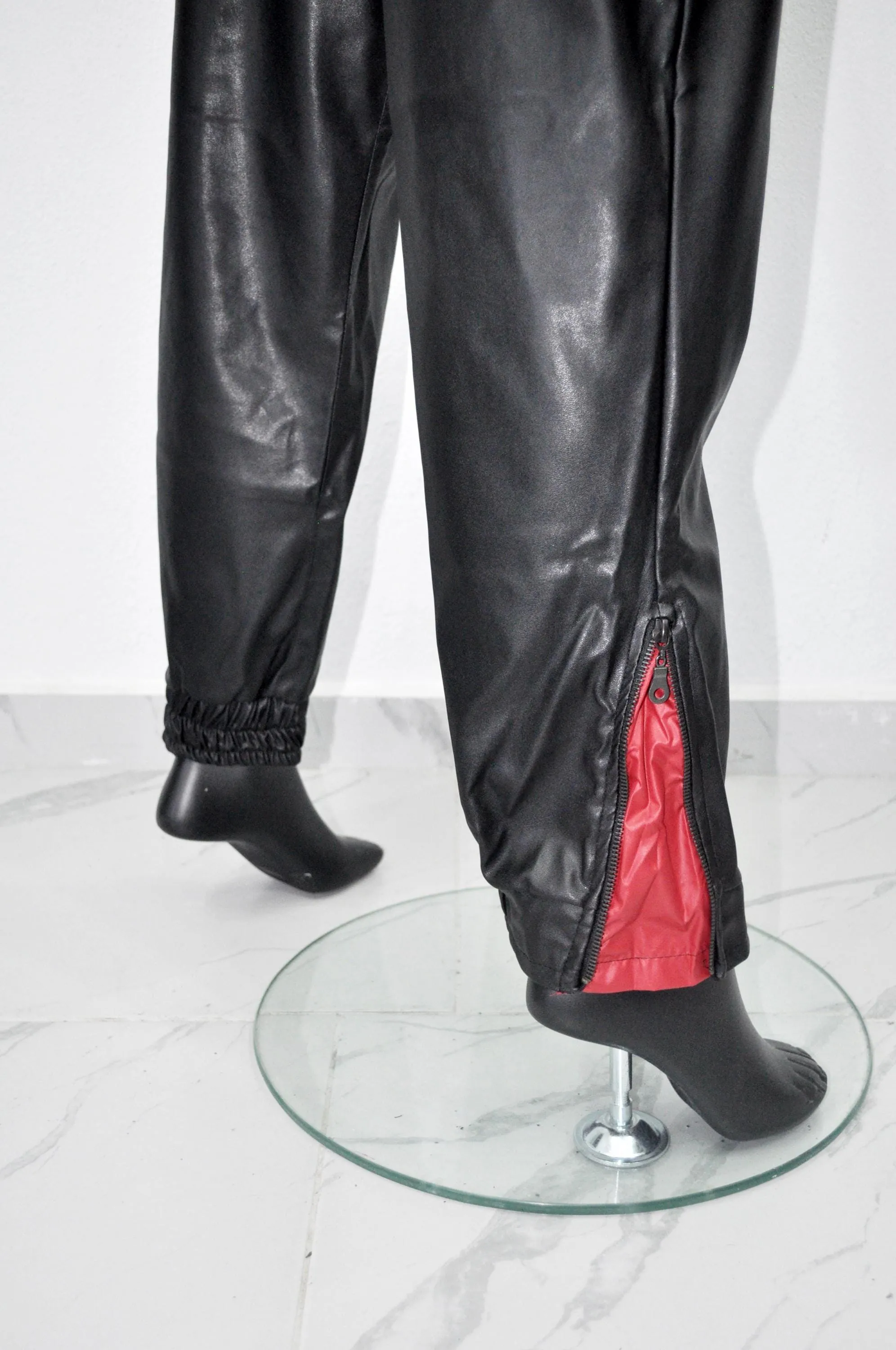 XS - 8XL Unisex Double High Waisted Elastic Leg Faux Leather Baggy Pants , Hip Hop, Drawstring Jogger Harem Relaxed Casual ,Streetwear-BB344