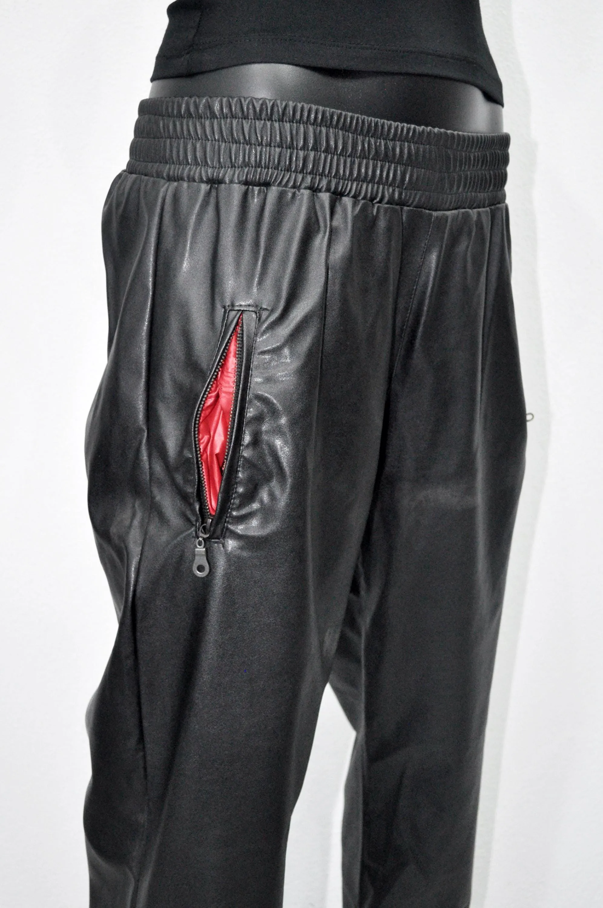 XS - 8XL Unisex Double High Waisted Elastic Leg Faux Leather Baggy Pants , Hip Hop, Drawstring Jogger Harem Relaxed Casual ,Streetwear-BB344